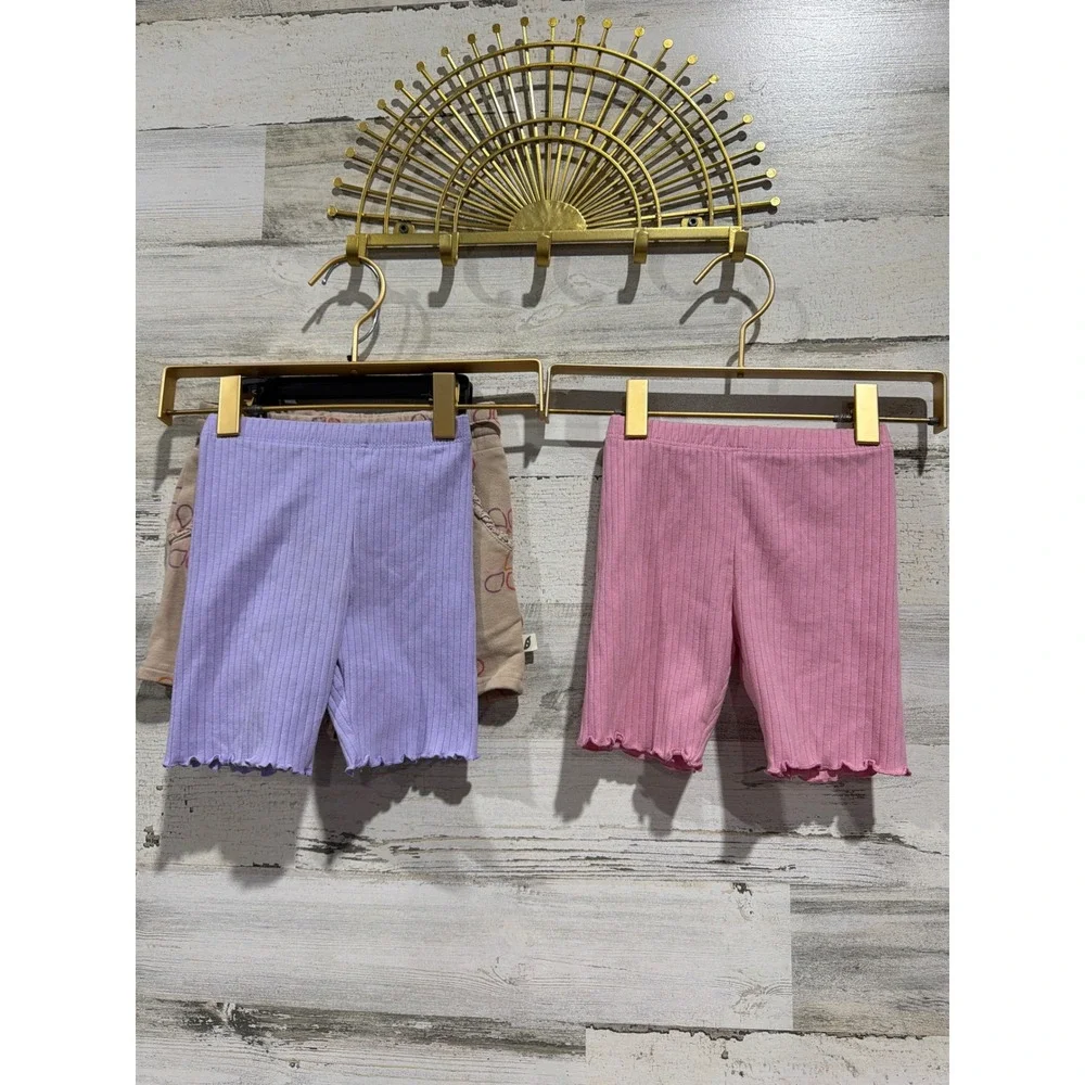 Easy Peasy Okie Dokie Shorts Girls 3T Tan Purple Pink Bundle Ribbed Cotton EUC